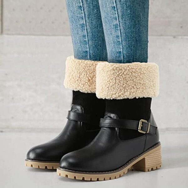 Fashion Boots With Buckle Chunky Heel Shoes Warm Winter Round Toe Western Boots For Women - Image 4