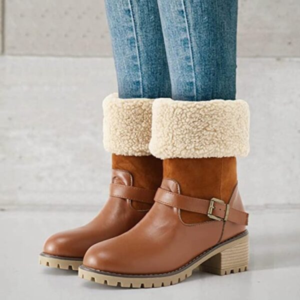 Fashion Boots With Buckle Chunky Heel Shoes Warm Winter Round Toe Western Boots For Women - Image 6