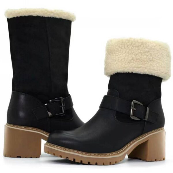 Fashion Boots With Buckle Chunky Heel Shoes Warm Winter Round Toe Western Boots For Women - Image 3